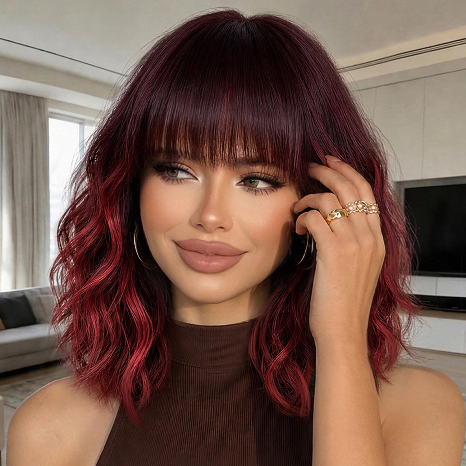 Women Wine Red Heat Resistant Long Curly Shoulder Length Synthetic Wigs Wine Red Shoulder Length Wavy Bob Wig for Women - Heat  main image 4