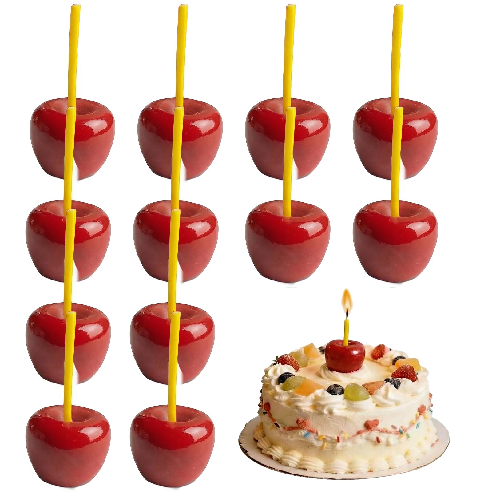 Photo 1 of 12 Pcs Cherry Birthday Candles Decorations, Handmade Beeswax Cake Candle with Cotton Wicks, Cute Red Fruit-Shaped Candles for Party, Wedding, Cupcakes & Celebrations