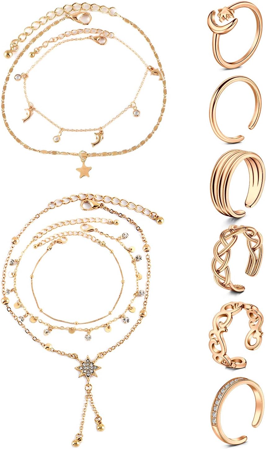 JFORYOU Toe Rings for Women Adjustable Open Toe Rings with Anklet Set CZ Flower Toes Ring for Summer Beach Foot Jewelry