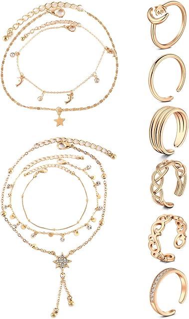 JFORYOU Anklets and Toe Ring Set for Women Girl Silver Rose Gold Chain Layered Anklets Toe Rings Ankle Bracelets Open Adjustable Toe Rings Beach Foot Jewelry