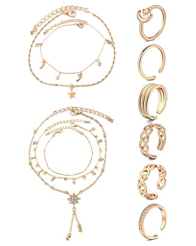 JFORYOU Anklets and Toe Ring Set for Women Girl Silver Rose Gold Chain Layered Anklets Toe Rings Ankle Bracelets Open Adjustable Toe Rings Beach Foot Jewelry - 8pcs-rose Gold