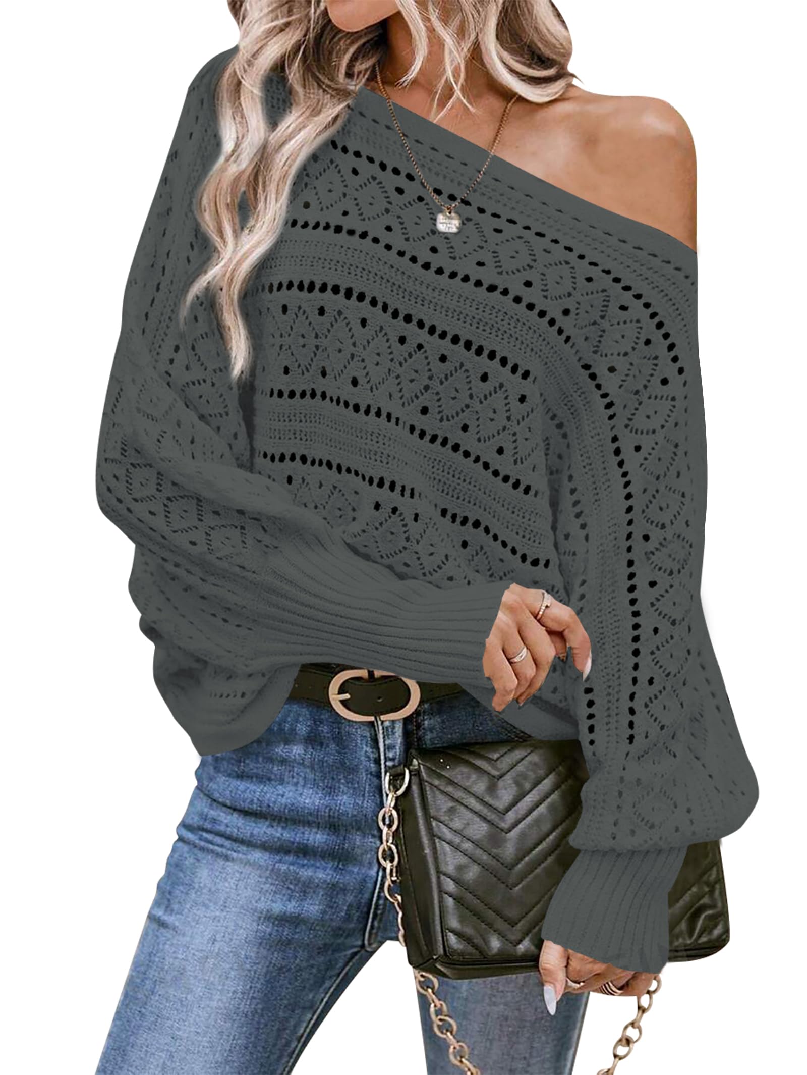 Cakulo Womens Off Shoulder Oversized Pullover Knit Sweater