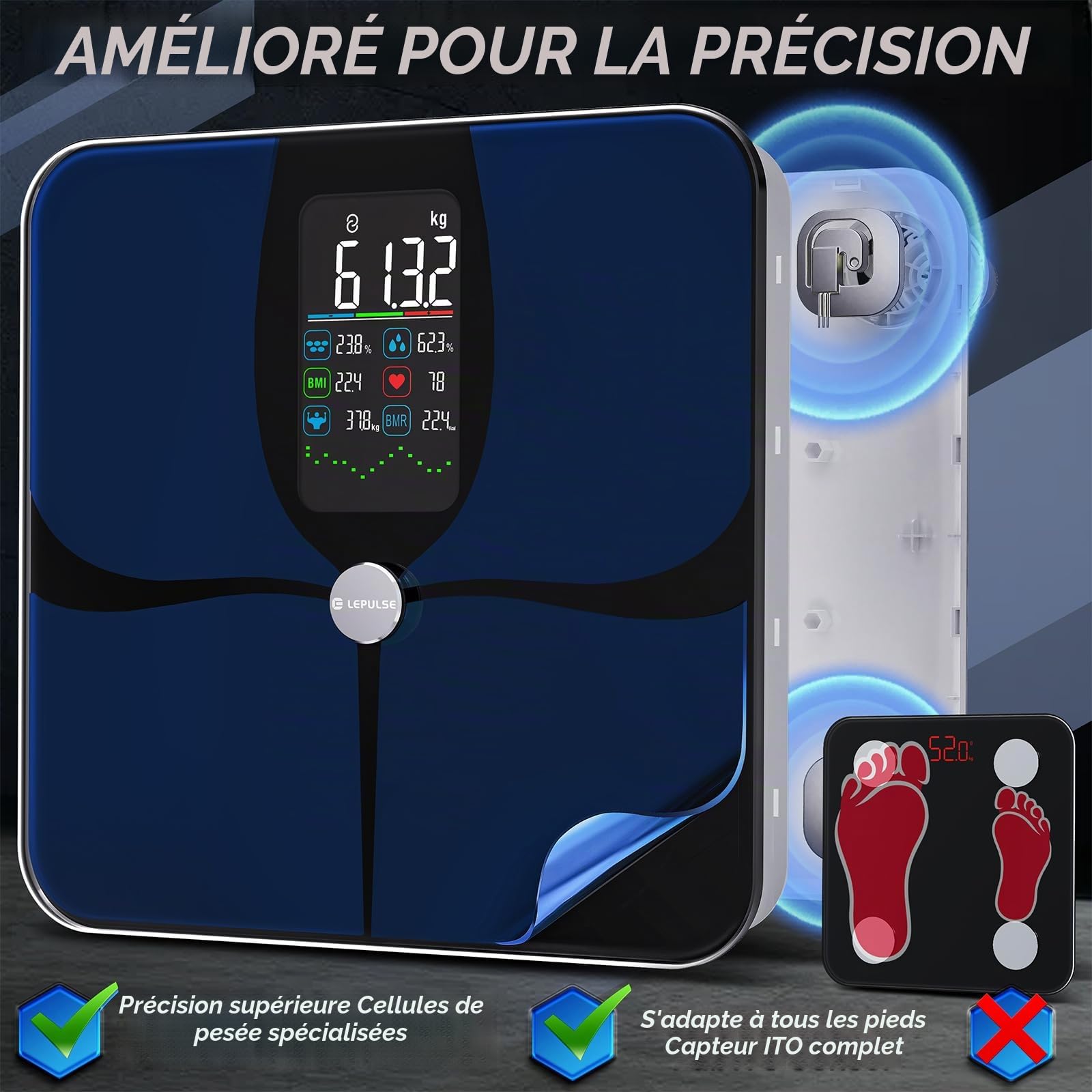 Balance Pese Personne Connectée Impédancemètre, 4,68" Grand écran VA, 22 Métriques, Fréquence Cardiaque, Balance Masse Graisseuse et Musculaire, Port Type-C, App Android/iOS, 180kg/400lb