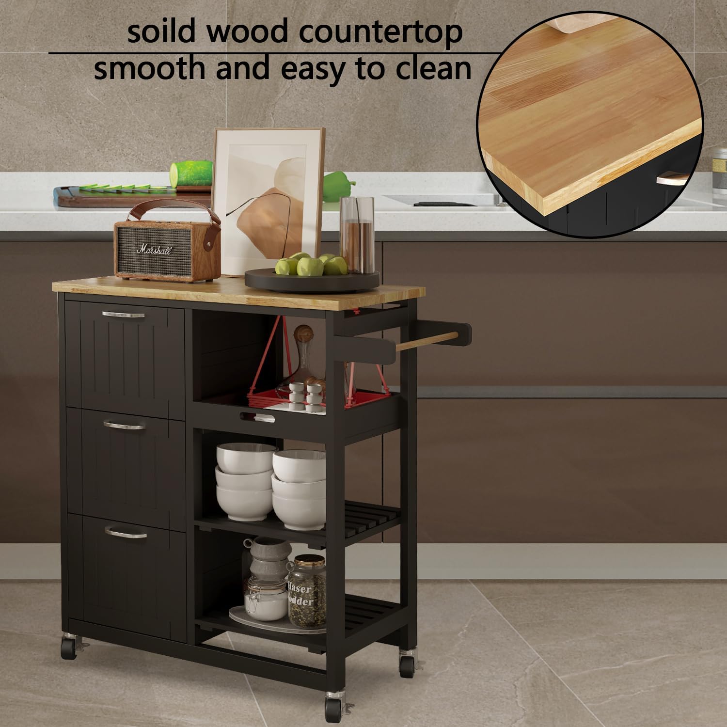 Usinso Kitchen Cart Small Kitchen Island with Storage, Serving Rolling Bar Cart on Wheels with 3 Drawers&Solid Wood Top, 3 Tier Shelves Kitchen Island Cart with Handle Racks, Black