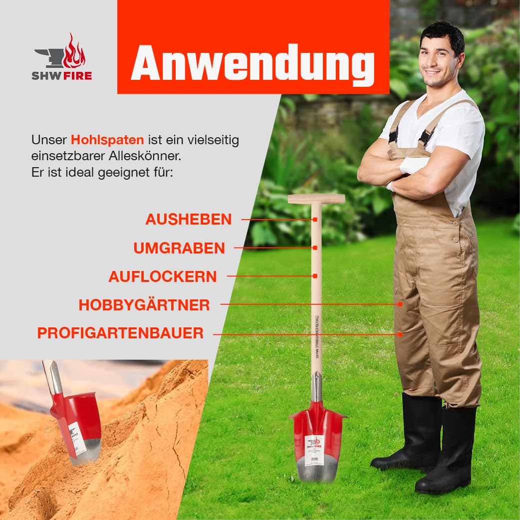 SHW-FIRE | Hohlspaten mit Eschenholzstiel, T-Griff, geschmiedetem Spezialstahl, Spaten ideal zum Pflanzen & Wurzeln durchtrennen | Made in Germany