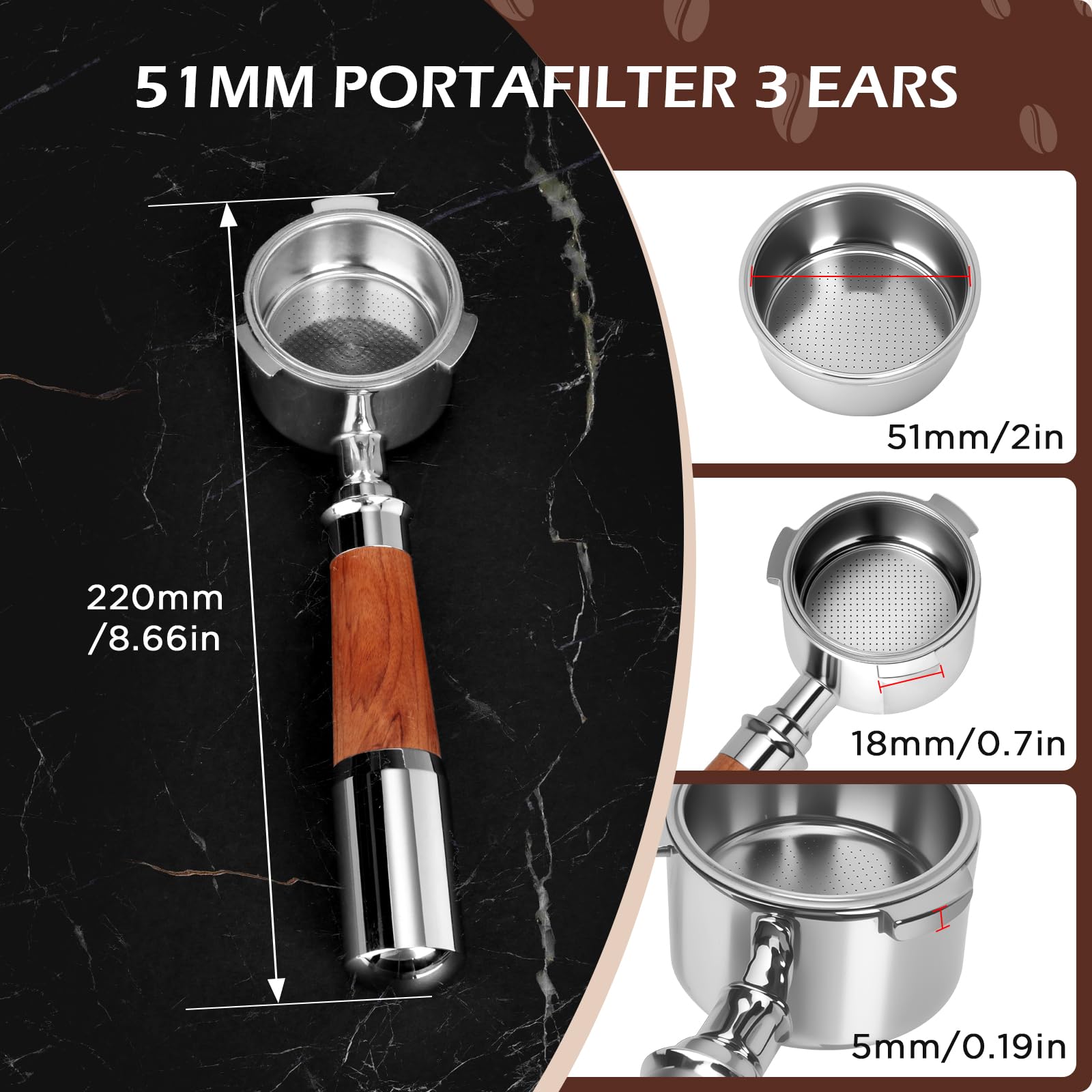 Cozary Portafiltro 51 mm 3 Orecchie, 304 Acciaio Inox, Manico in Legno, per DeLonghi EC680/EC685/EC885/EC890, per l'uso in Case, Caffetterie e Ristoranti in Stile Occidentale