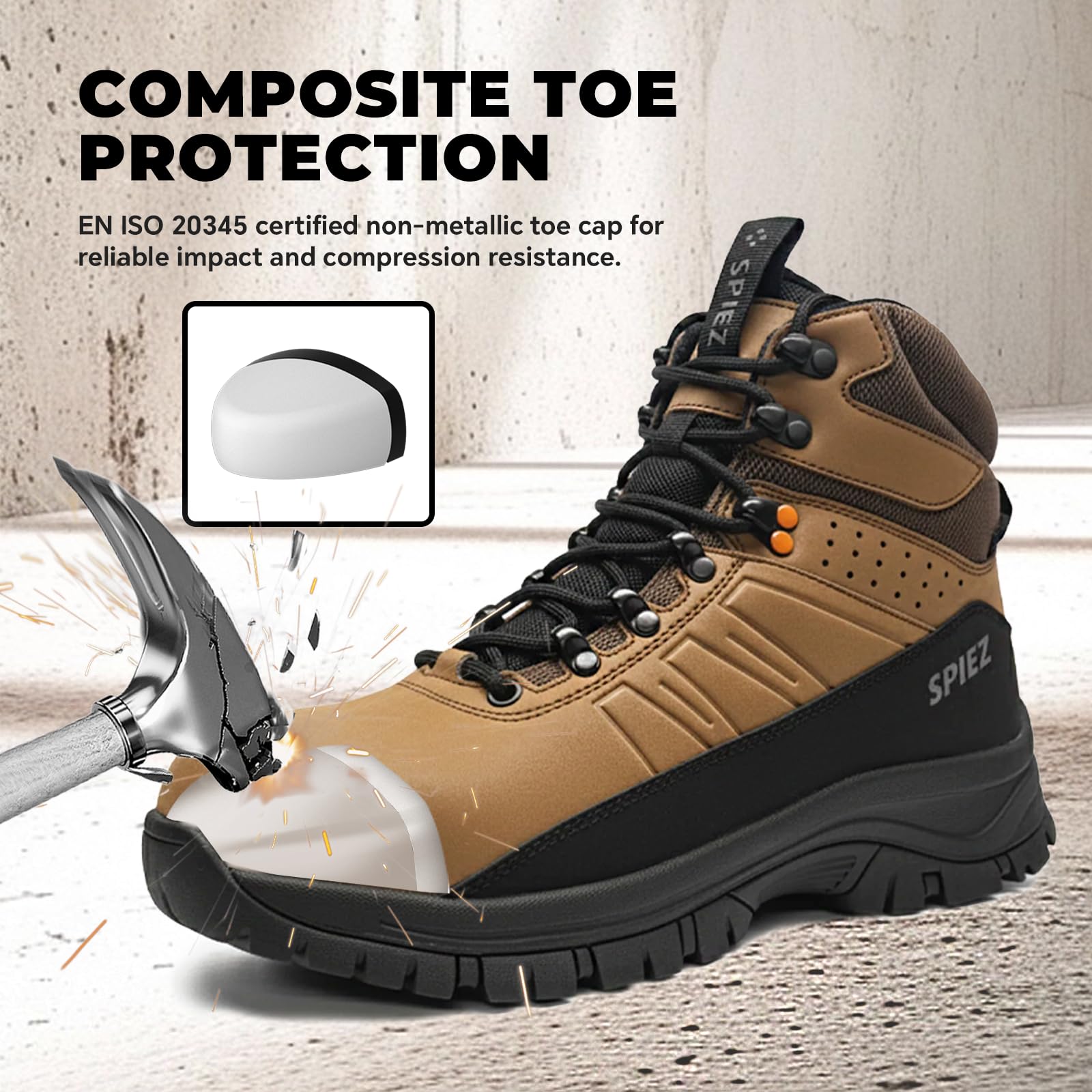 SPIEZ Botas de seguridad para hombre S2 – Zapatos de seguridad ligeros con puntera composite, antideslizantes, resistentes al agua y antiestáticos Marrón, EU 39–46
