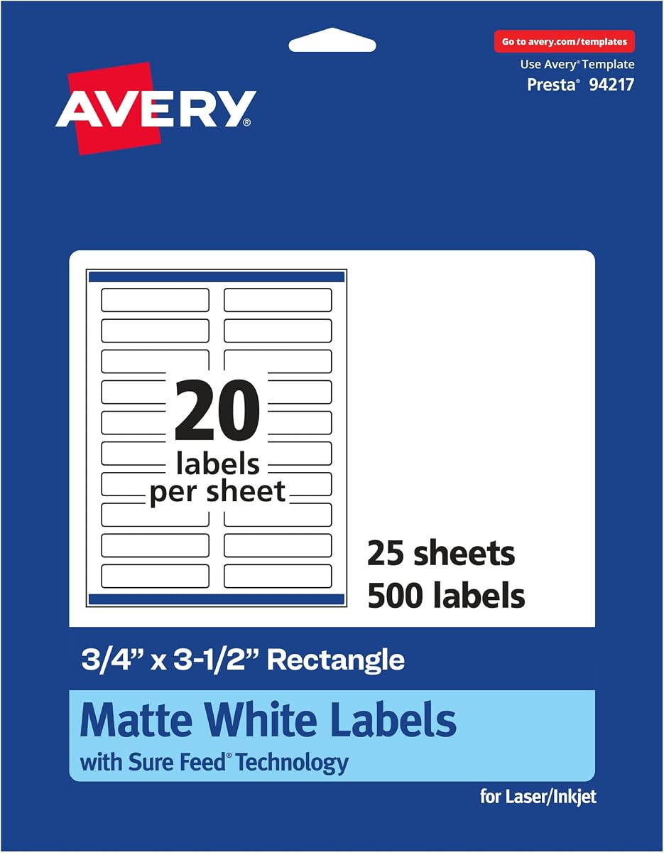 Etiquetas rectangulares blancas mate Avery®, tecnología Sure Feed®, etiquetas imprimibles blancas mate de 0.75" x 3.5", 500