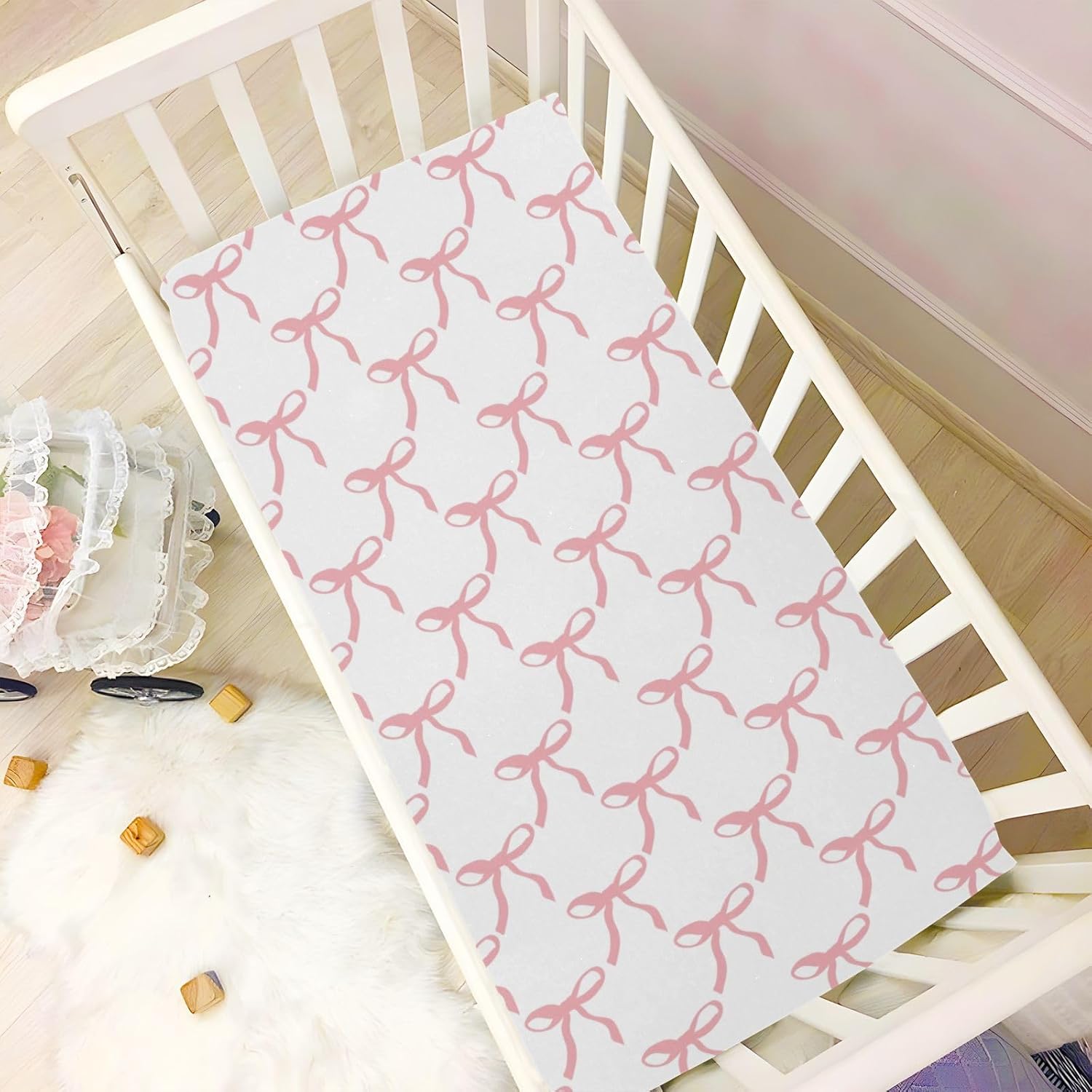 Pink Bows Crib Sheets for Boys Girl Coquette Pink Ribbon Bow Pattern Fitted Mattress Cover Watercolor Bowknotb Toddler Baby Bed Sheets Standard Unisex Crib Sheet 28x52 Inch