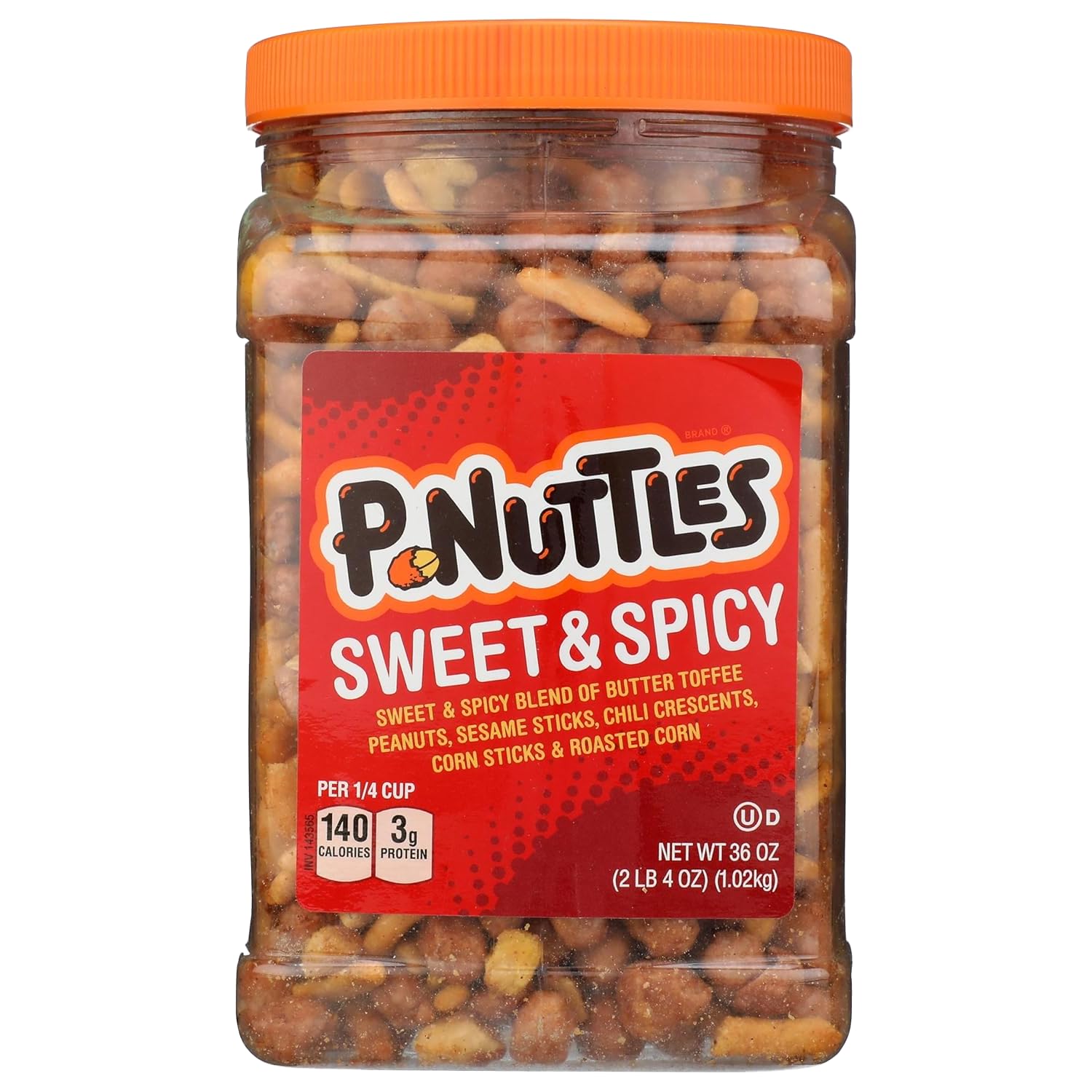 P-Nuttles Sweet & Spicy Snack Mix, 36 Oz Jar (Pack of 1) - Ideal Bar Mix - Butter Toffee Covered Peanuts with Sesame Sticks, Chili Crescents, Corn Sticks & Roasted Corn - Kosher Certified Nut Snacks