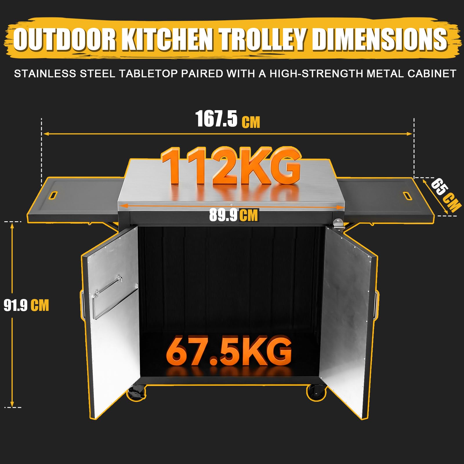 GFTIME Carrello da cucina per esterni, 89,9 x 65 x 91,9 cm, con piano di lavoro in acciaio inox, 2 ripiani laterali pieghevoli, 2 ante e ruote, carrello da portata mobile per barbecue, giardino