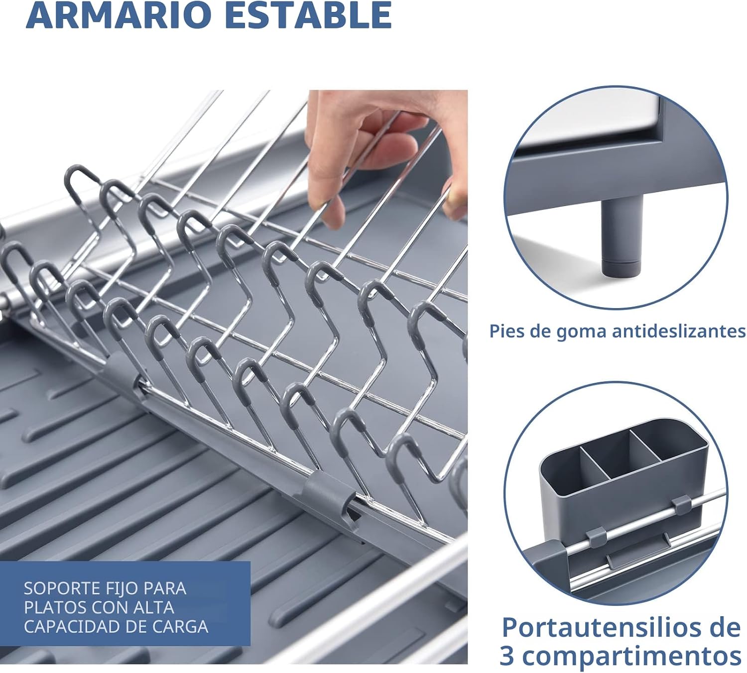 Close-up of the KINGRACK dish drying rack showing non-slip rubber feet and the 3-compartment utensil holder.