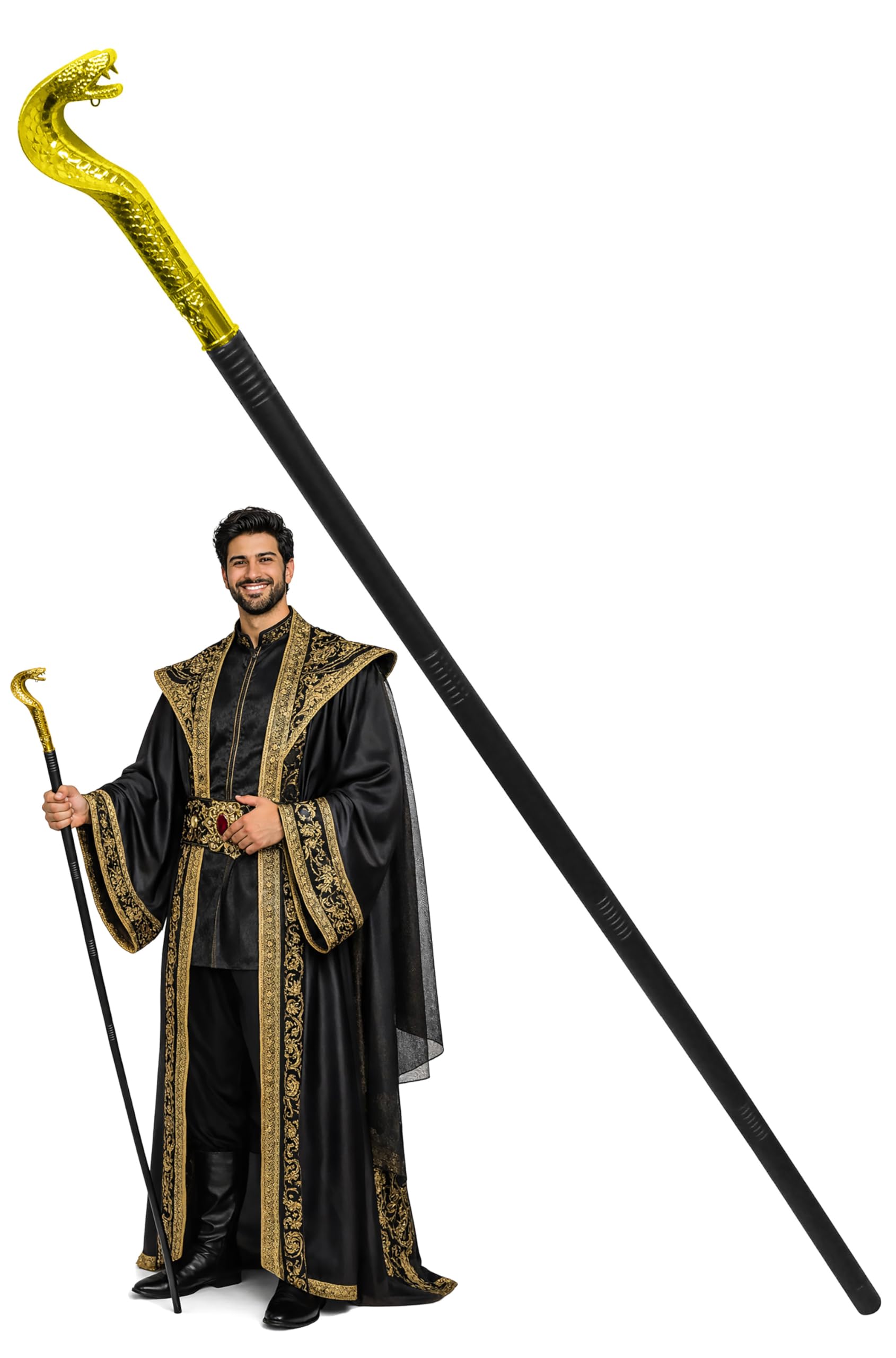 Nicky Bigs Novelties Snake Staff Gold 49 inch Voodoo Cobra Snakes Cane Anibus Egyptian Ankh Pharaoh Staffs Wizard Witch Scepter Wand Halloween Cosplay Costume Accessory Adjustable Size for Adults