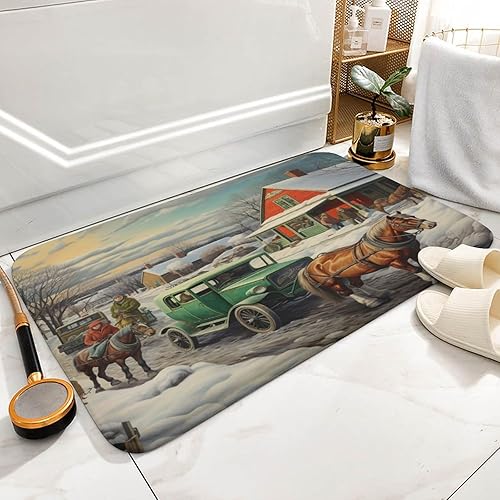 Miniatura 2 de Tapetes de baño de caballo de invierno, vida campestre, caballo, terciopelo coral, tapetes de baño pequeños con respaldo de goma, tapete decorativo