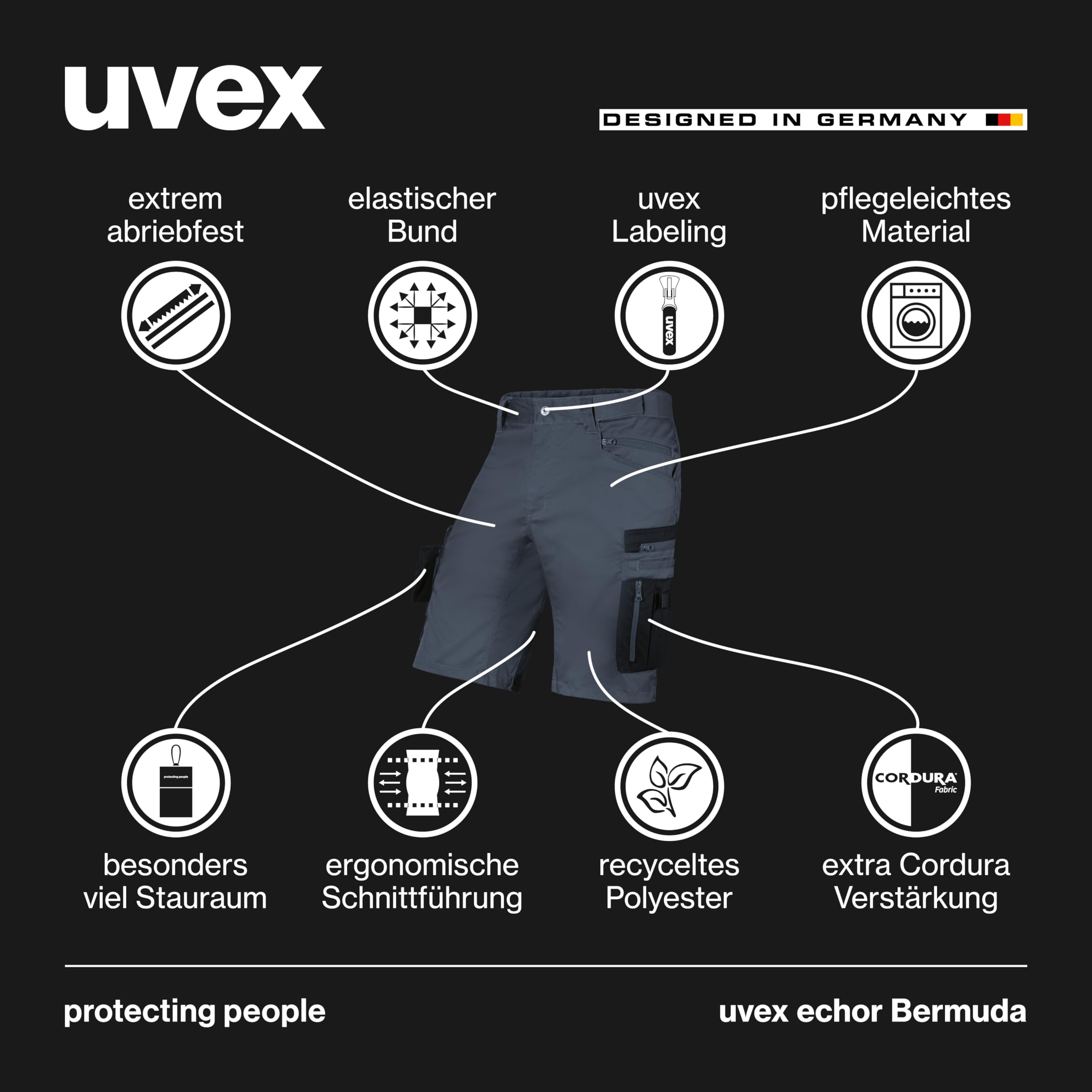 uvex echor Short de travail court de qualité supérieure pour homme - Taille extensible, léger, élastique et beaucoup d'espace de rangement