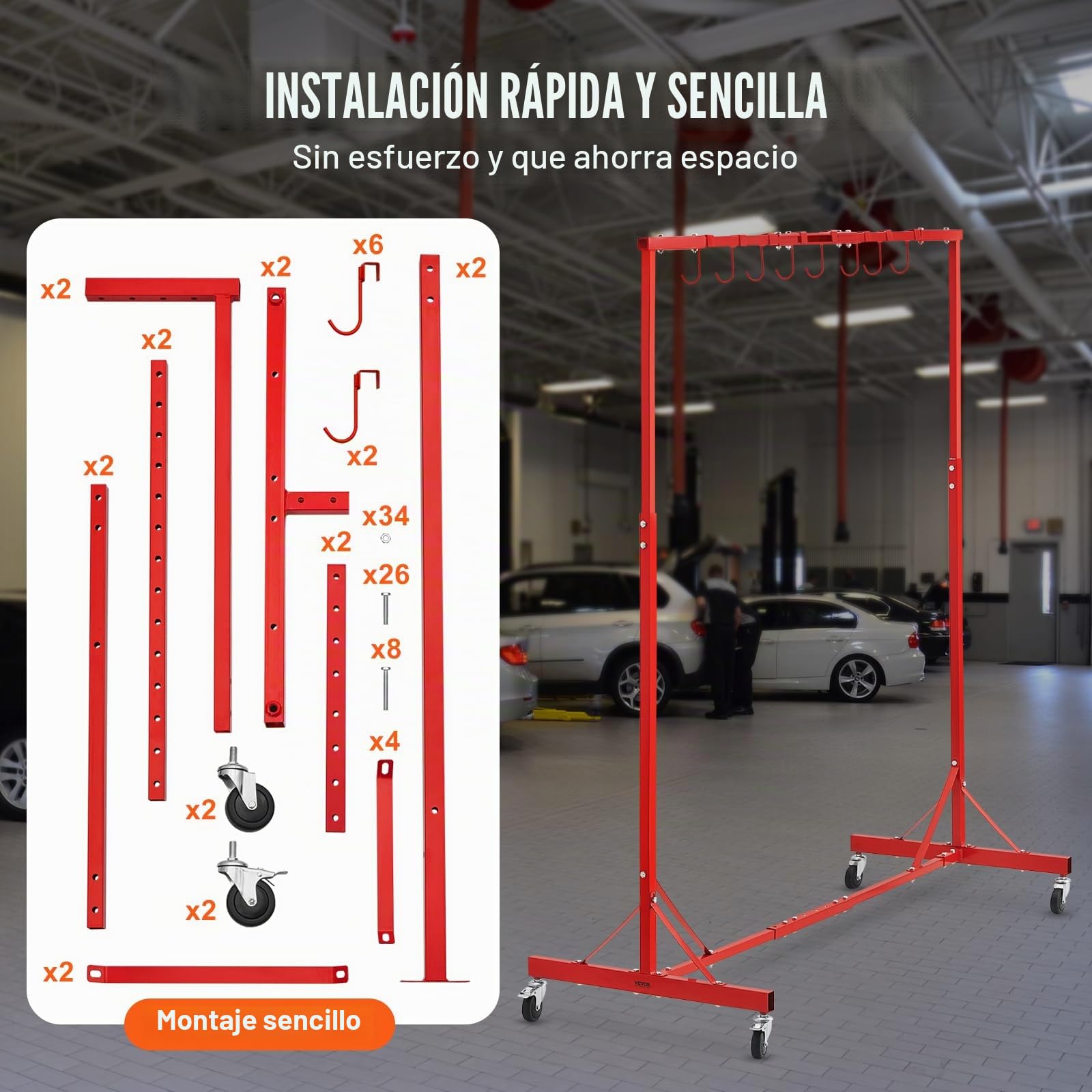VEVOR Estante para Pintura de 1480 x 700 x 1535 mm Capacidad de Carga de 30 kg Estante para Secado de Pintura Automotriz con 8 Ganchos, 4 Ruedas Giratorias, Soporte para Carrocería de Automóvil, Rojo