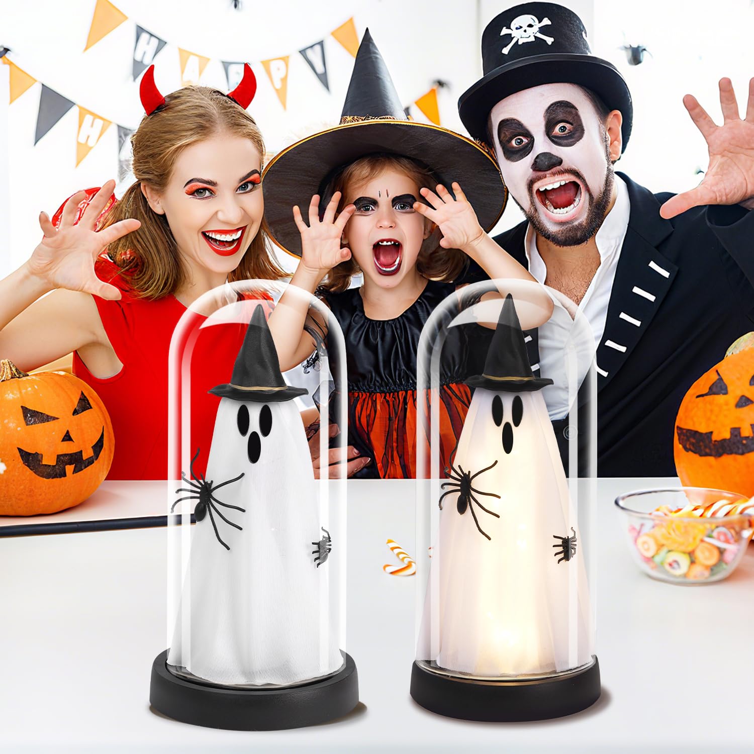 Dekoracja halloweenowa - dekoracje na Halloween do wnętrz - rozświetlający duch w szklanym kloszu - uroczy duch ze światłem do domu kuchni kominek dekoracja stołu na imprezę
