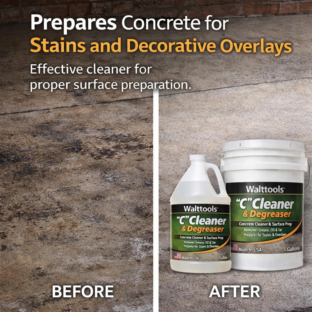 “C” Cleaner & Degreaser – Citrus-based concrete cleaner that removes grease, oil, tar & rubber marks. Eco-friendly, non-toxic degreaser for floors and overlays. 5 Gallon