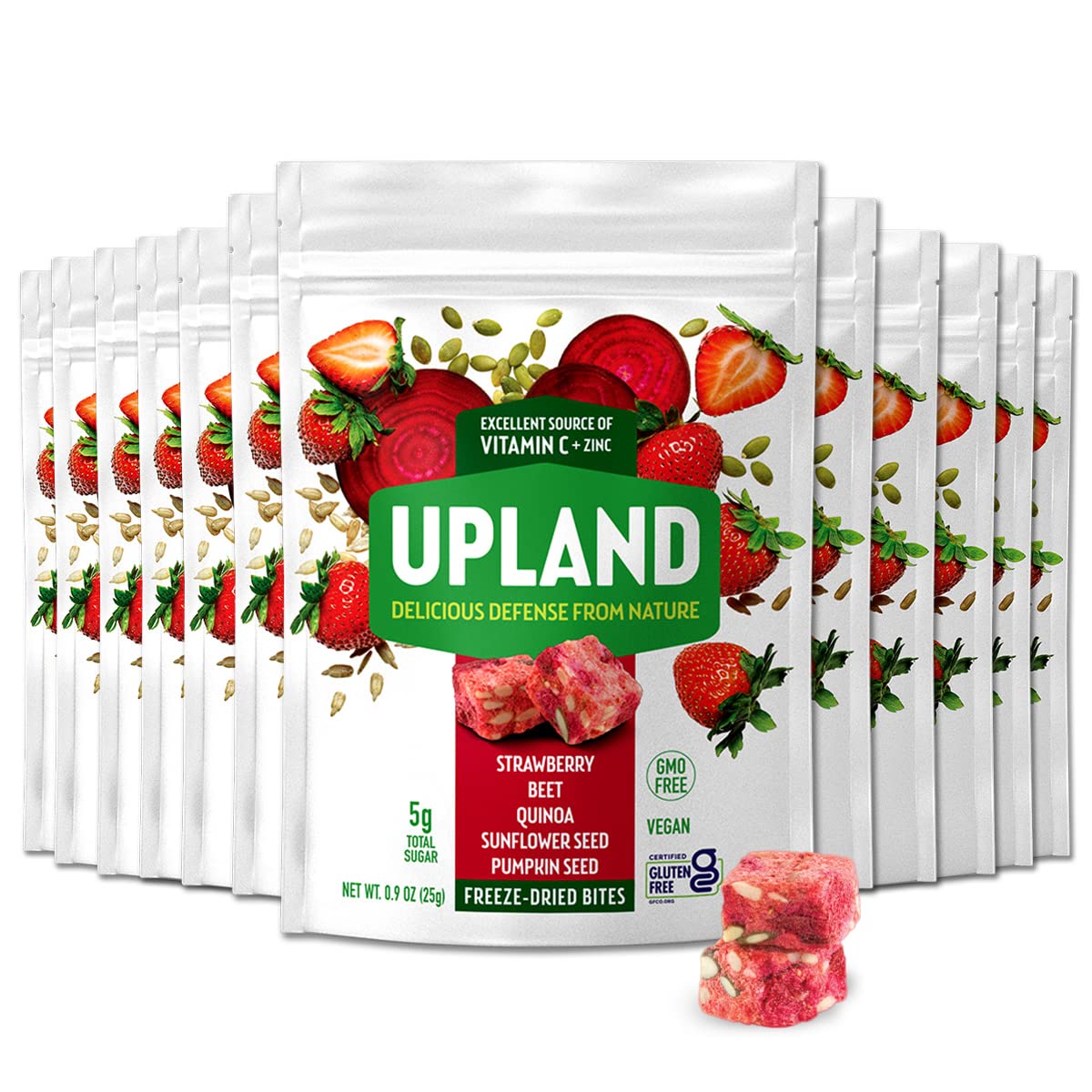 Freeze Dried Superfood Snacks by Upland. Strawberry, Beet, Quinoa, Sunflower & Pumpkin Seeds all in a Bite | 100% natural ingredients | Vitamin C and Zinc | Vegan, Non-GMO | Plant Based | Gluten Free | 12 Pack