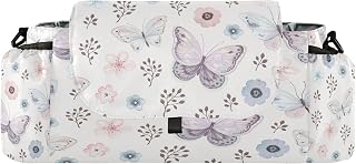 Kigai Universal Baby Stroller Organizer, Butterfly Flowers Detachable Stroller Caddy Accessories Bag with Insulated Cup Holder and Adjustable Straps for Diaper, Phone, Toys