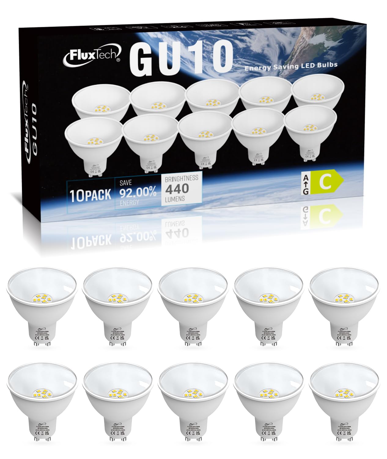 FluxTech GU10 LED Bulbs Neutral White 4000K, Energy Class C, 3W 440lm LED Light Bulb, 40W 50W Equivalent, 120° Beam Angle Non-Dimmable, 10 Pack