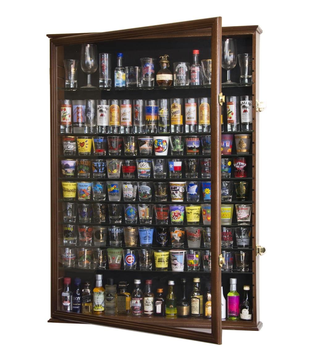 XL Shot Glass Display Case Rack Holder Cabinet for Tall Shooter and Mini Liquor Bottle -Walnut