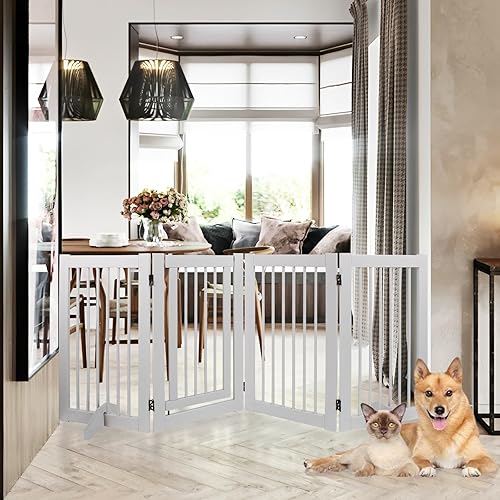 Puerta de madera independiente para mascotas, puerta para mascotas para perros, valla de madera de 4 paneles de 29.5 pulgadas con 2 soportes, puerta