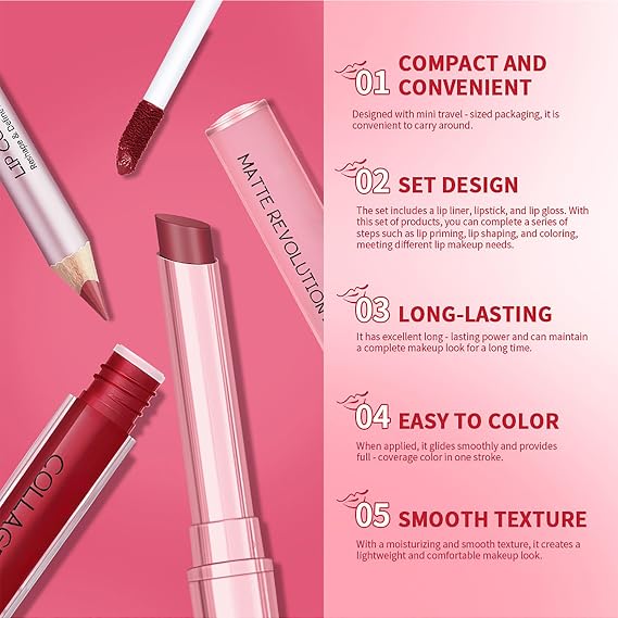 Lipstick Lip Gloss and Lip Liner Pencil Set Long Lasting Non Stick Cup Makeup Kits Smooth Lipgloss (A02)