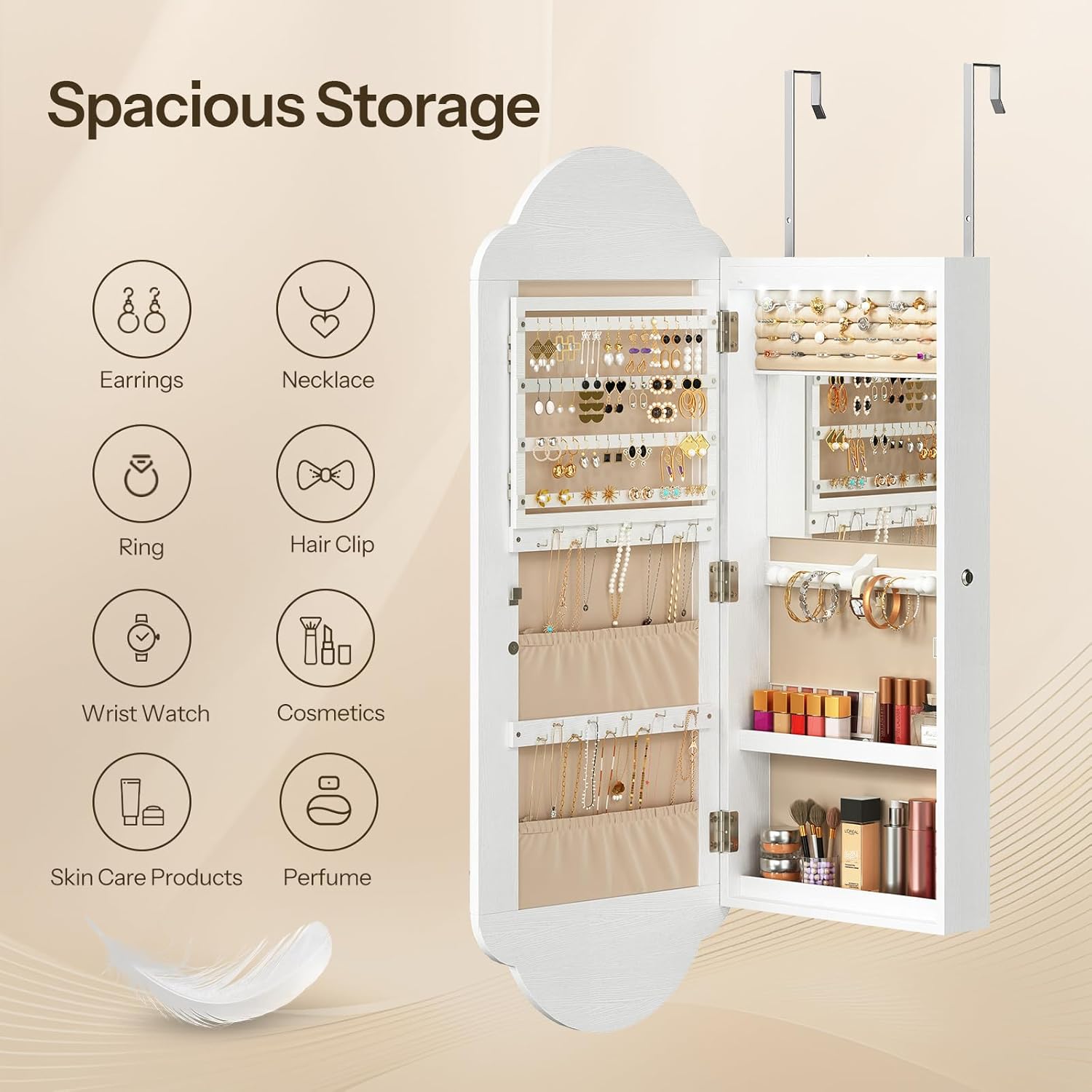 HOOBRO Wide Jewelry Cabinet, LED Jewelry Organizer Wall/Door Mounted, Hanging Jewelry Cabinet Mirror with Storage, Lockable, Interior Mirror, 4.1 x 16.5 x 42.5 Inches, Christmas Gifts, White