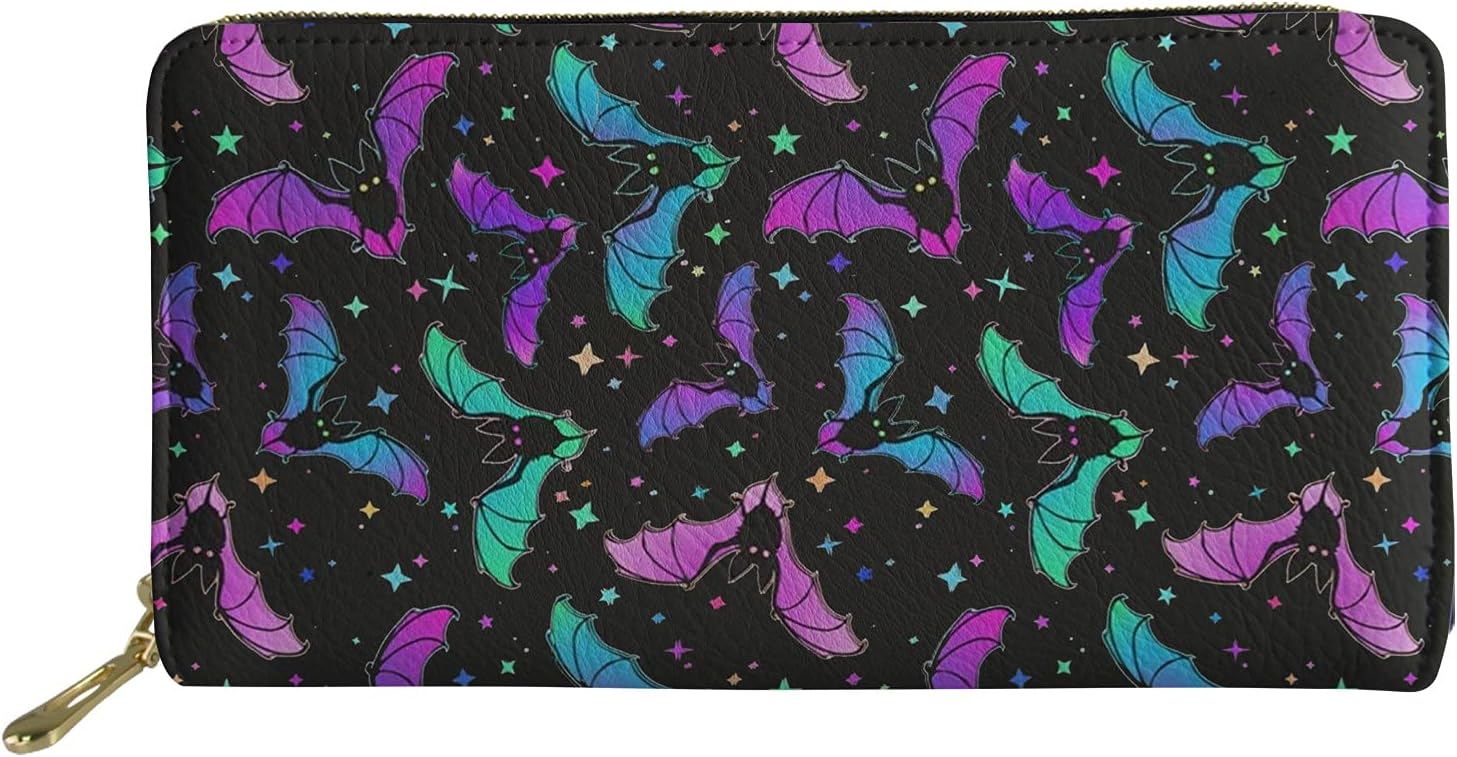Showudesigns Neon Bat Wallets for Women Girls Long Pu Leather Purse Clutch Card Holders Travel Storage Organizer Large Capacity