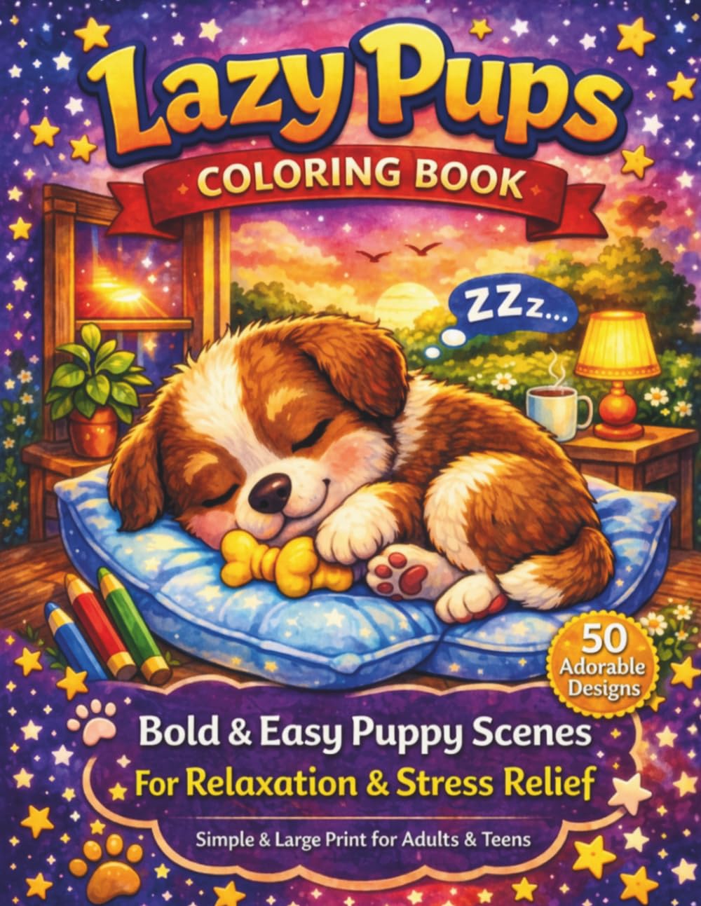 Lazy Pups Coloring Book for Adults & Teens | Bold & Easy Cute Puppy Coloring Pages for Relaxation, Stress Relief & Mindfulness: 50 Adorable Dog ... for Anxiety Relief, Beginners & Dog Lovers