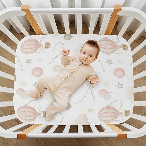 Miniatura 7 de Kigai Sábana bajera ajustable de punto de jersey para cuna de globos, nubes y globos aerostáticos, acogedora, suave, transpirable, para cuna, tamaño