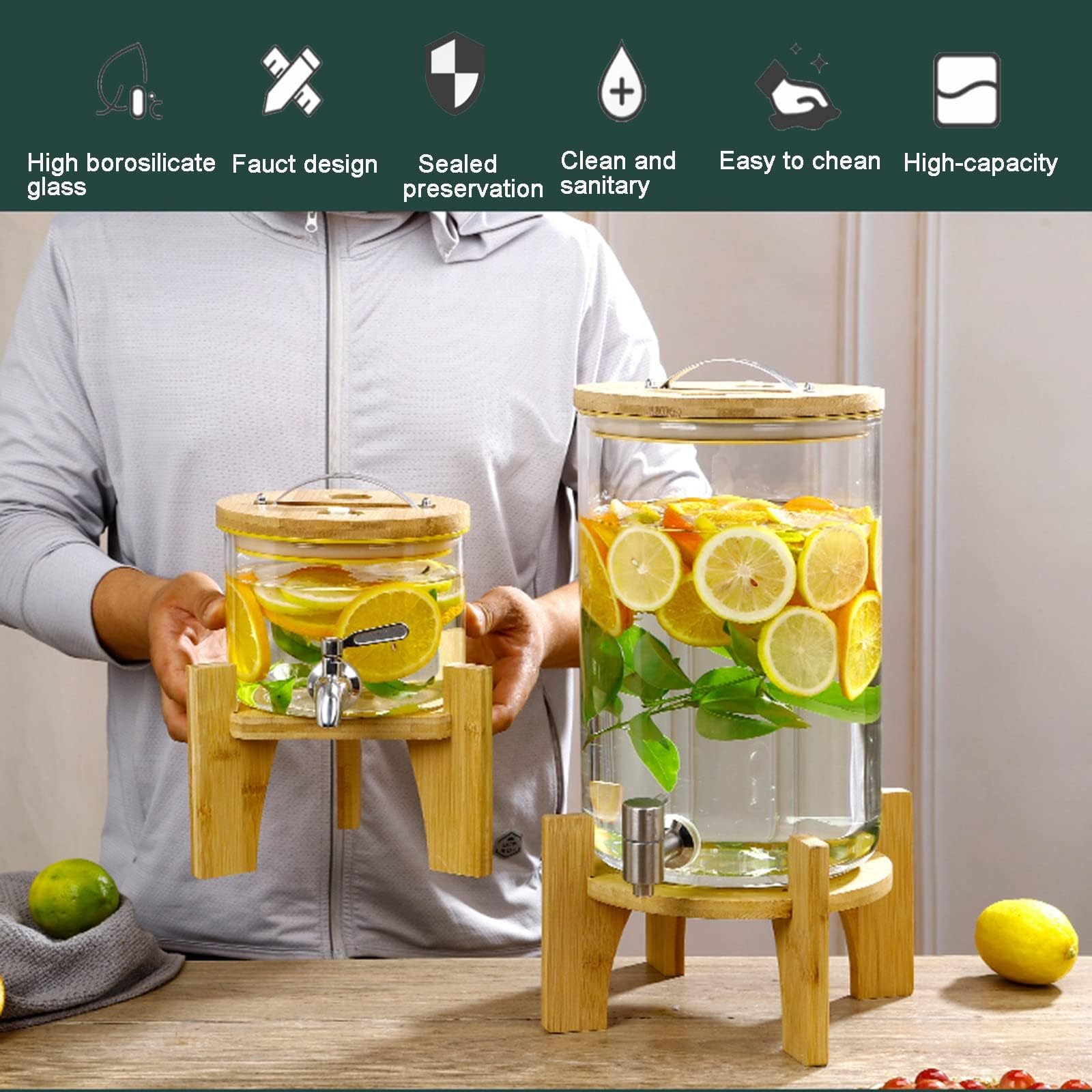 Szklany dozownik napojów z czopem ze stali nierdzewnej, pojemność 2,5 l, 100% szczelny, szeroki otwór dla łatwego napełniania, idealny na imprezy na świeżym powietrzu i do codziennego użytku