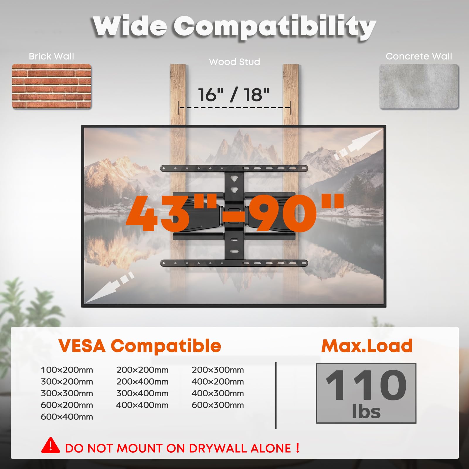 TV Wandhalterung für 43–90 Zoll Fernseher bis 50kg | Ultra-Slim Wandhalterung Fernseher Schwenkbar Neigbar TV Halterung mit 1,96cm Wandabstand,Kabelmanagement Max VESA 600x400mm