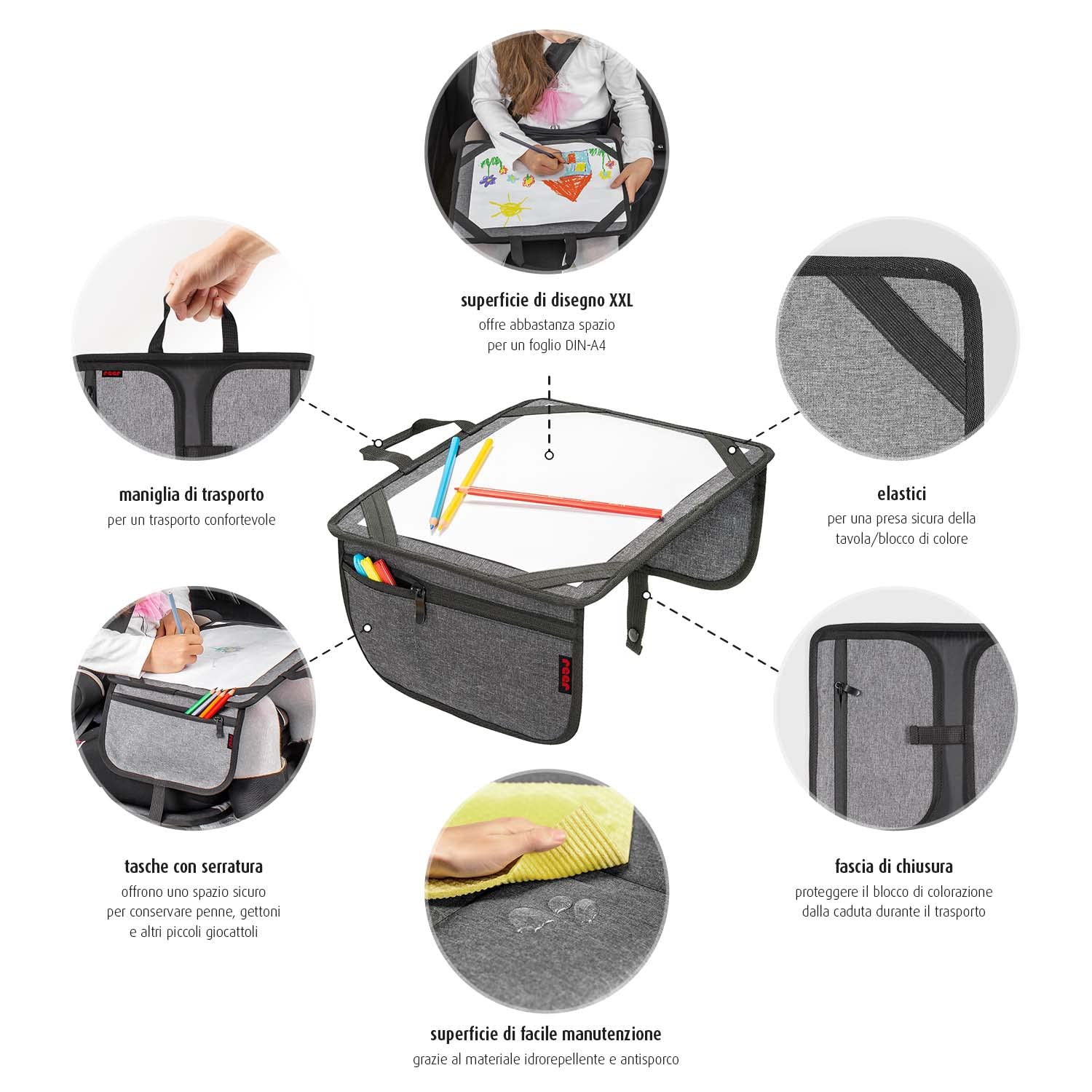 reer TravelKid Play - Kit per colorare per viaggi, leggero e stabile, con tasche pratiche, impermeabile, antimacchia, grigio