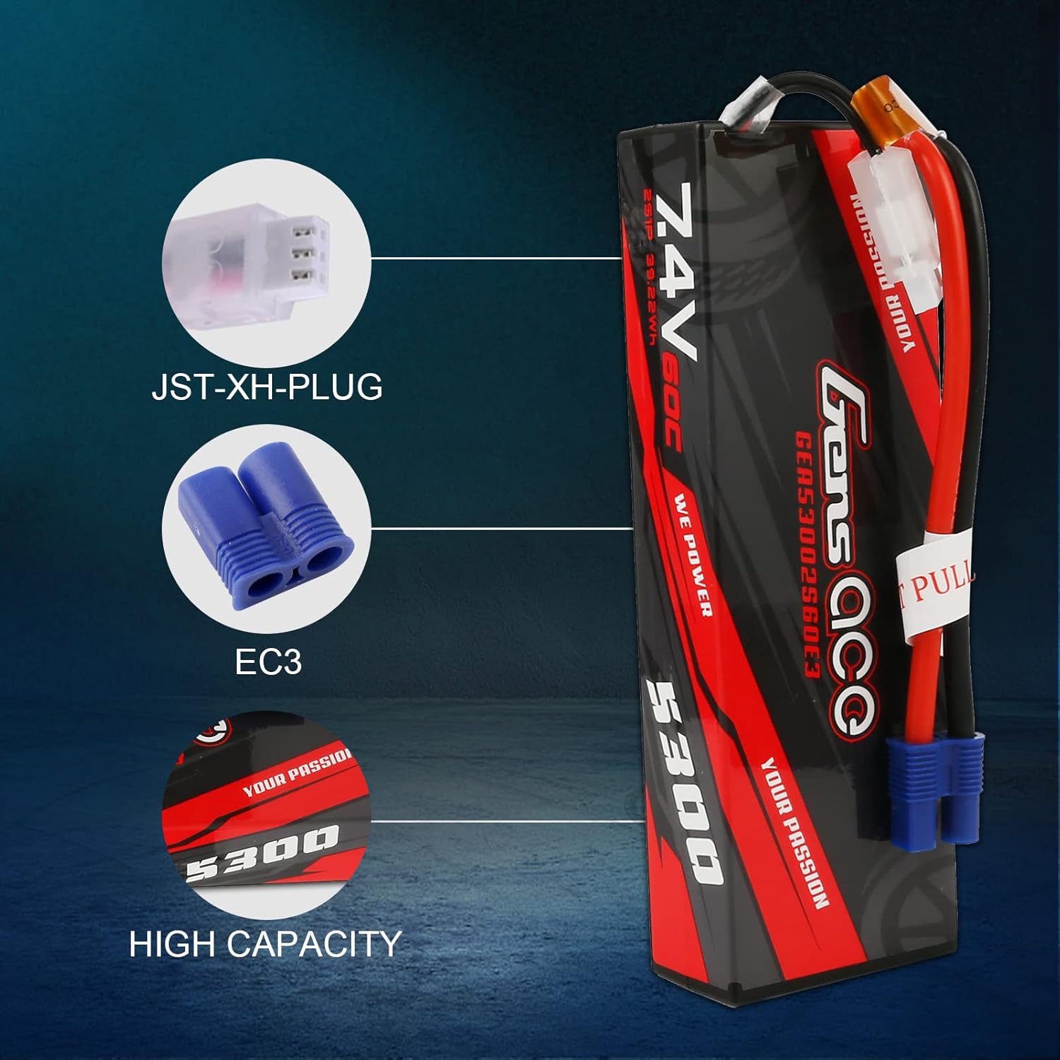 Gens ace 2S Lipo Battery 7.4V 5300mAh 60C Lipo Battery Pack 24# with EC3 Plug and Deans Adapter for RC Car