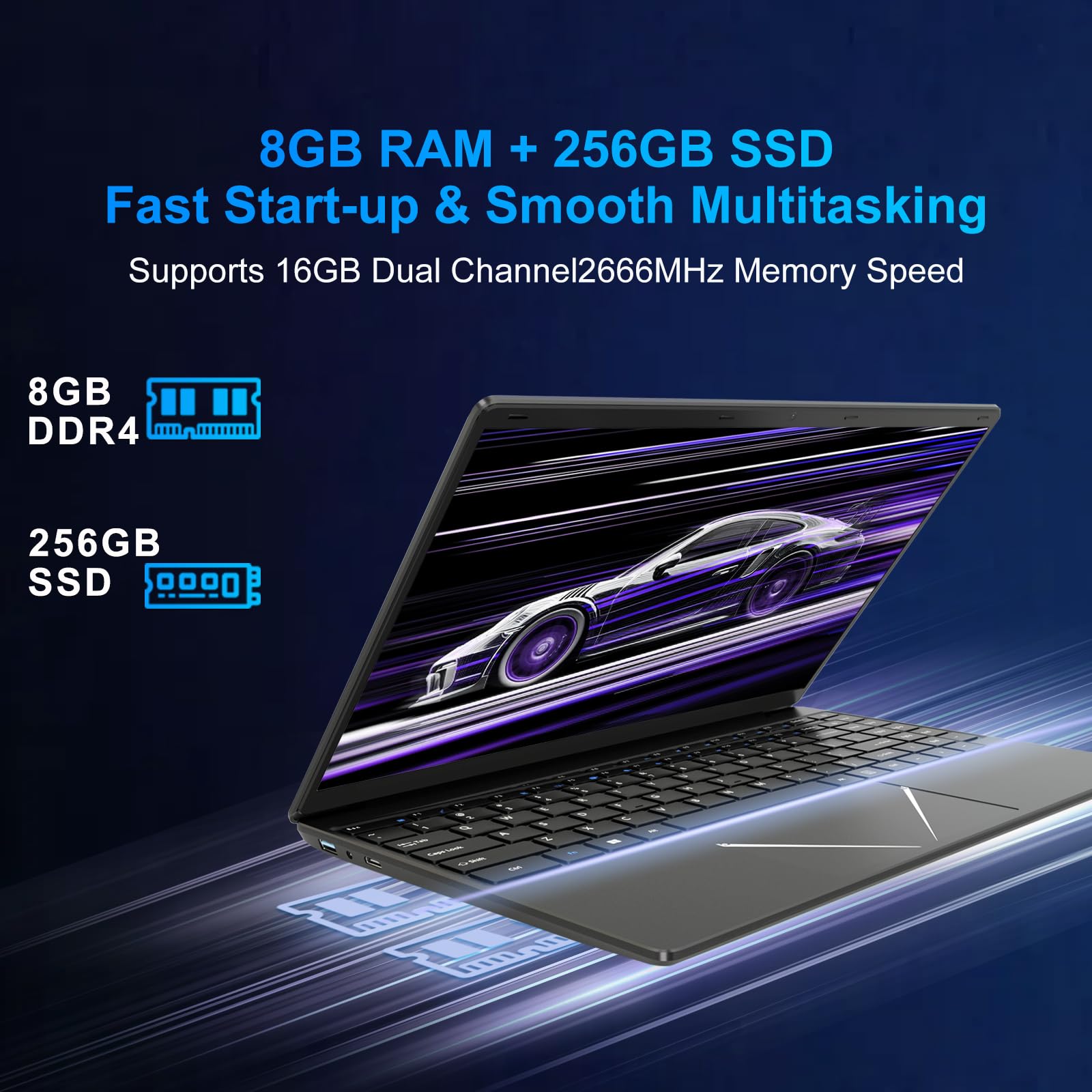 PINSTONE Ordinateur Portable 14 Pouces FHD 1920 x 1080, PC Portable Core i3 8Go RAM 256Go SSD, WiFi Bluetooth, Empreinte Digitale, Webcam HD, Lecteur Carte SD, Laptop pour Bureau Études Voyage