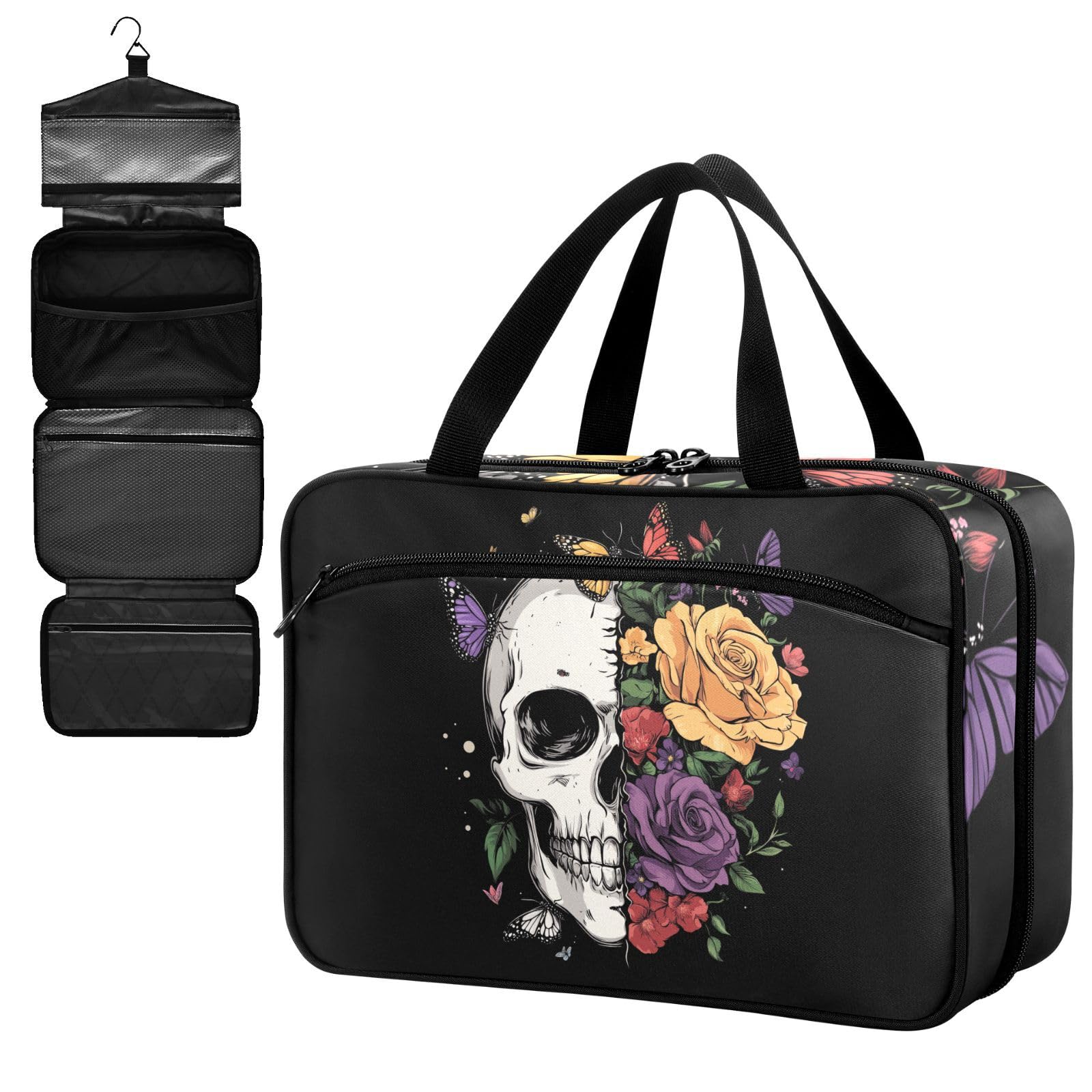 Fustylead Half Floral Half Skull with Butterfly Large Medical Storage Bag with Zipper Empty First Aid Bag Trauma Kit for Traveling Hiking Camping Backpacking