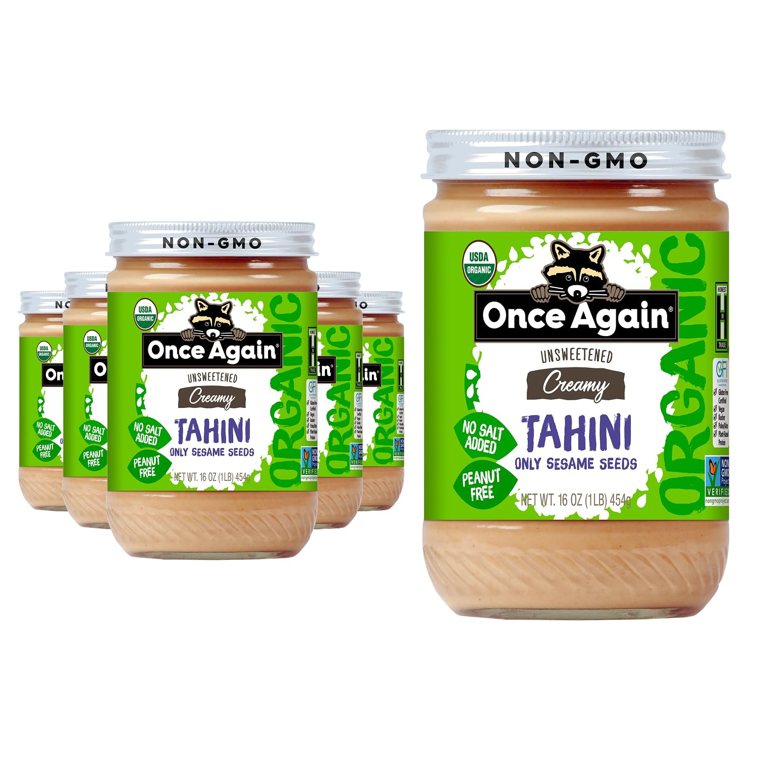 Once Again Organic Tahini, Single Ingredient - Vegan, Non-GMO, Kosher, Gluten Free - For Hummus Dips, Dressings, Spreads - Organic Tahini Paste from Pure Sesame Seeds (6-Pack, 16 oz Glass Jars)