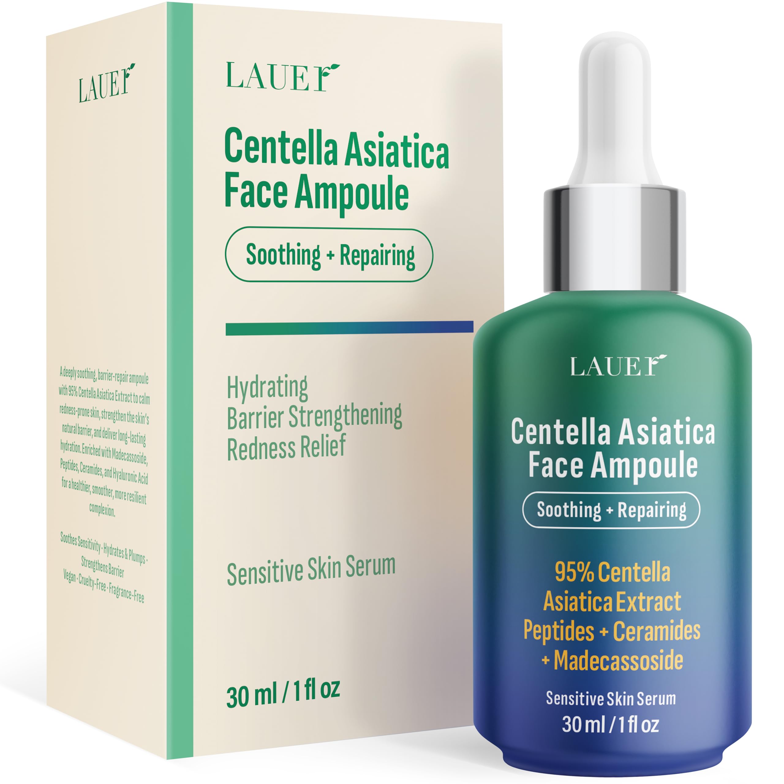 Centella Asiatica Ampoule Serum 95% Madagascar Extract Redness Relief & Barrier Repair with Peptides Ceramides & Madecassoside Soothing Hydrating Serum for Sensitive Irritated Skin 1 fl oz