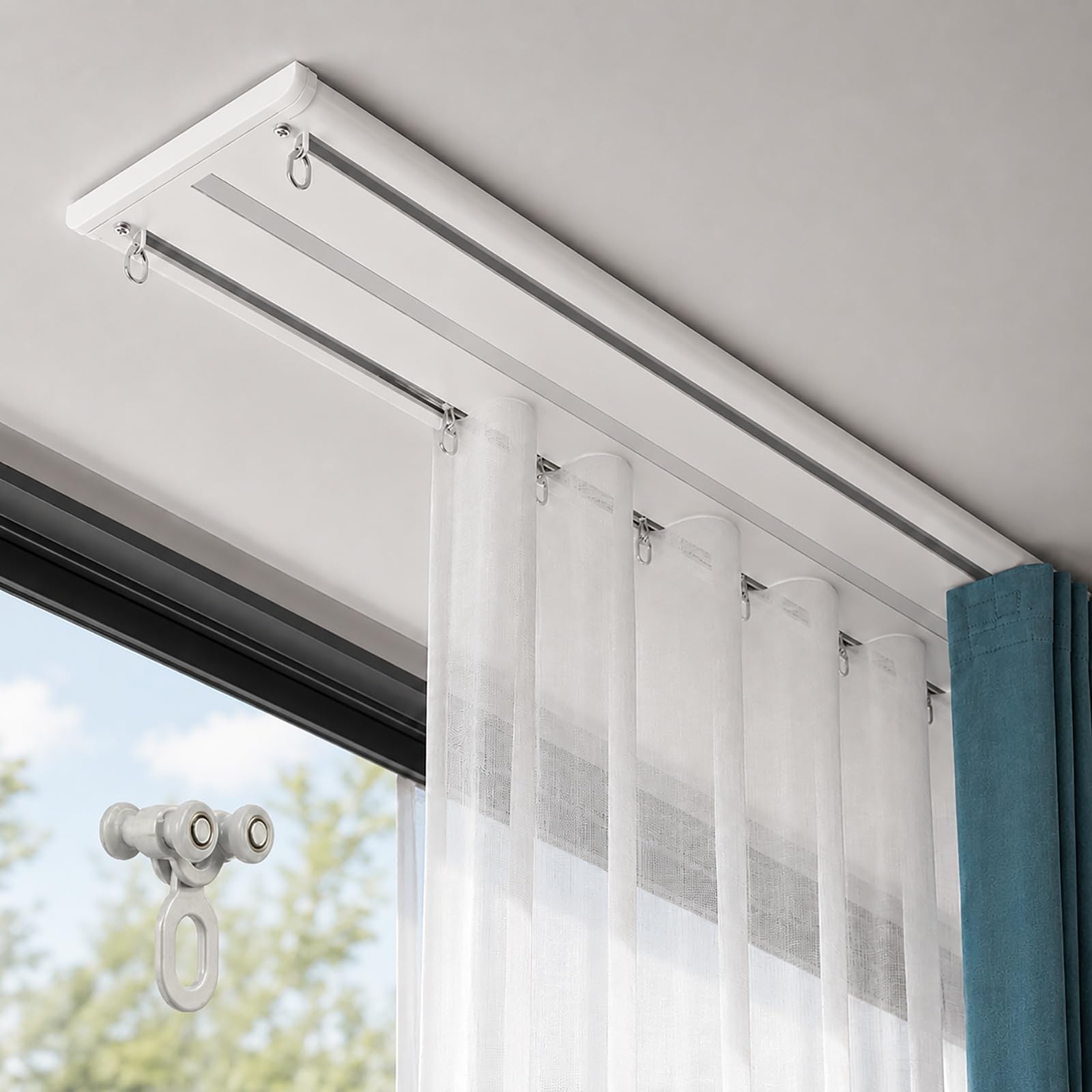 Tringle Rideau Extra-Plat Plafond, Rail de Rideau Double 2 Voies en Aluminium Robuste, Système Coulissant Silencieux, Salon, Séparateur de Pièce, 150-500cm, Finition Blanc