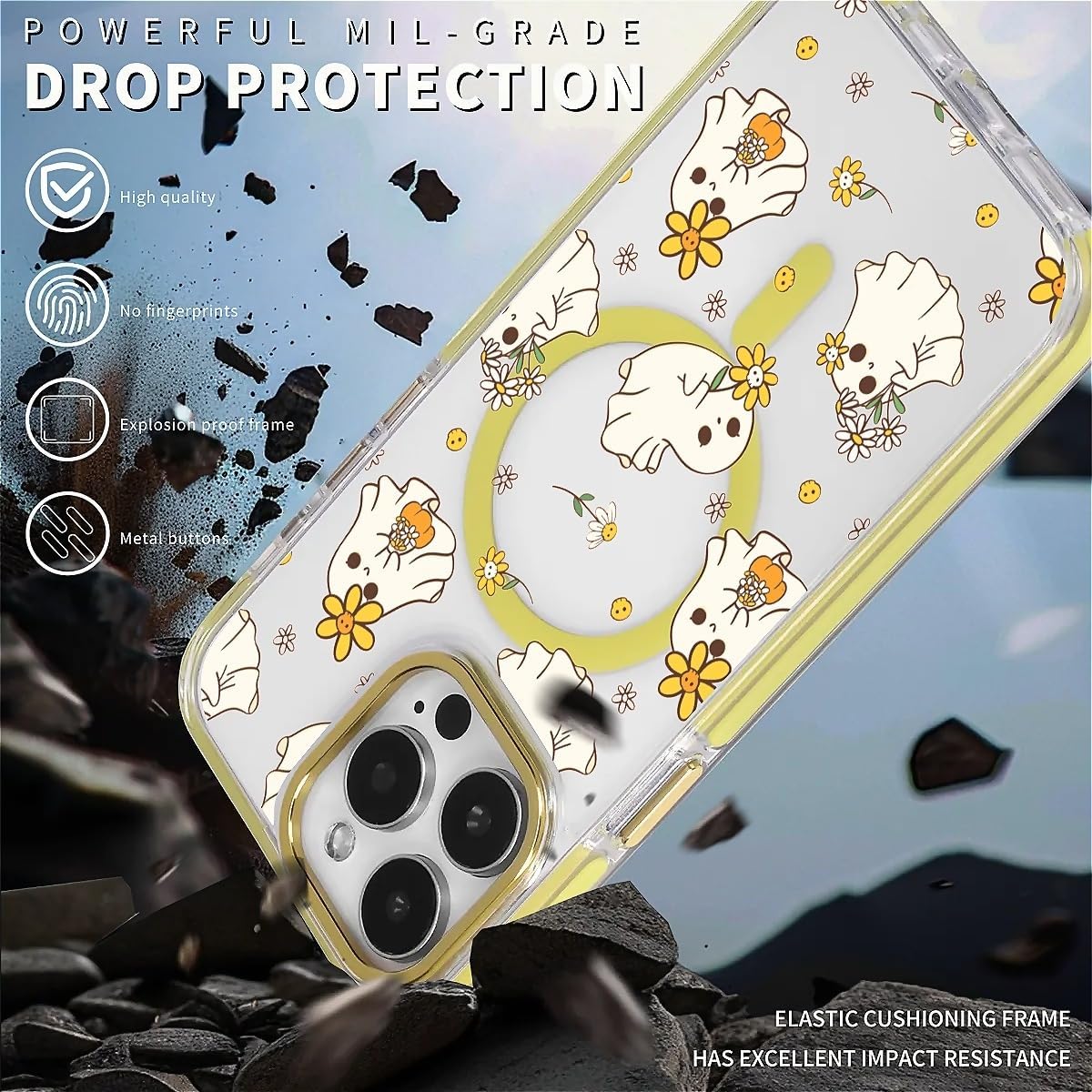 for iPhone 14 Pro Case for MagSafe, Clear Yellowish Green with Design Drop Proof Rugged Magnetic Charge Shockproof Compatible with iPhone 14 Pro Cute Floral Ghosts Halloween image 5