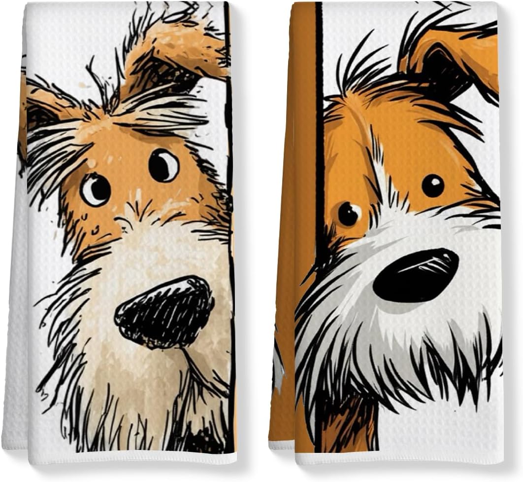 2 Pcs Funny Wire Fox Terrier Kitchen Towels, Cute Dog Gifts Hand Towels
