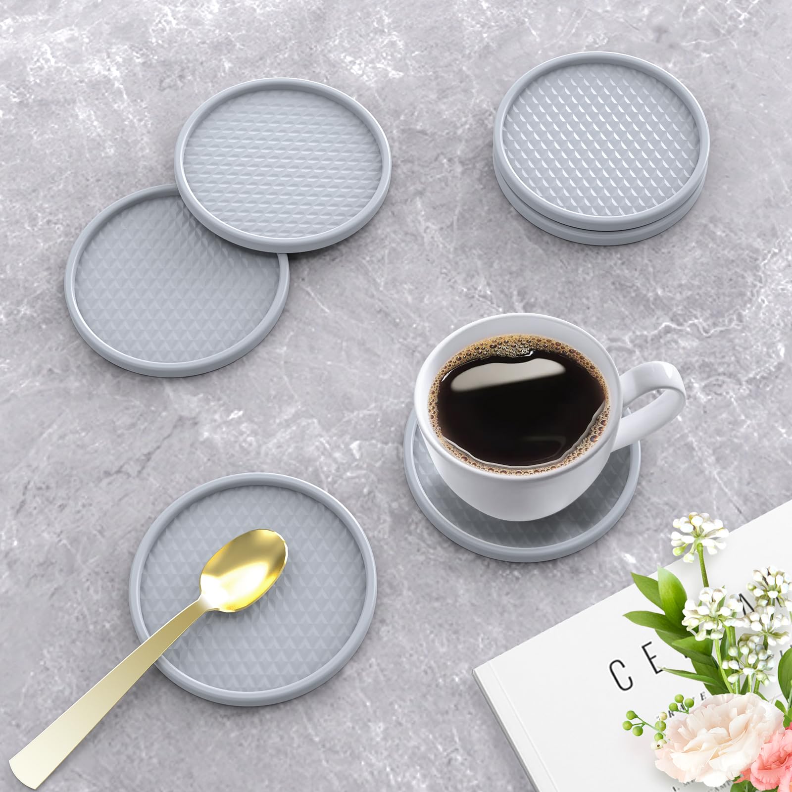 Alfombrilla de café de silicona con 6 posavasos, accesorios de barra de café de 24 x 16 pulgadas, cabe debajo de la cafetera, cafetera, máquina de espresso, tapete de secado de platos desmontable para