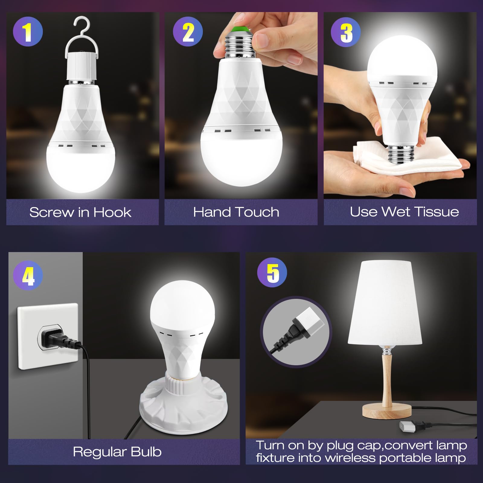 Lampadina ricaricabile di emergenza, si illumina in caso di mancanza di corrente, 1500 mAh 12 W 60 W equivalenti a lampadine LED per casa, campeggio, escursionismo (E27, con gancio, con tappo a spina