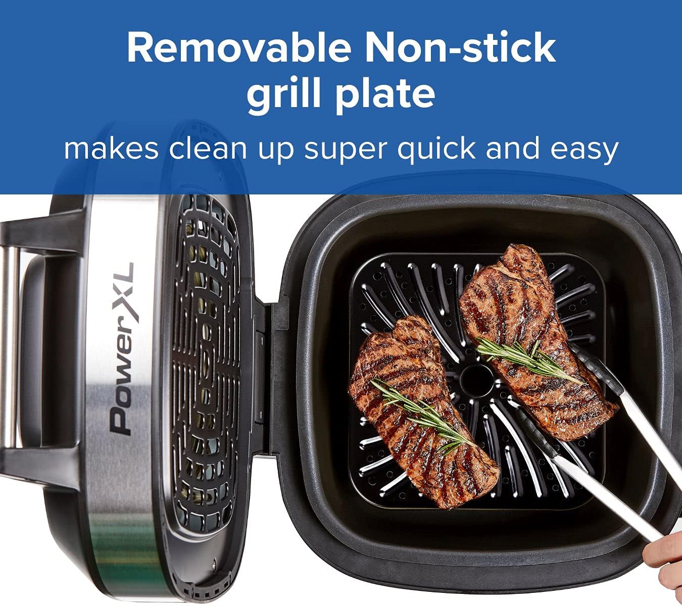 Person using tongs to place grilled steaks on the removable non-stick grill plate of the Power XL Grill Air Fryer Combo.