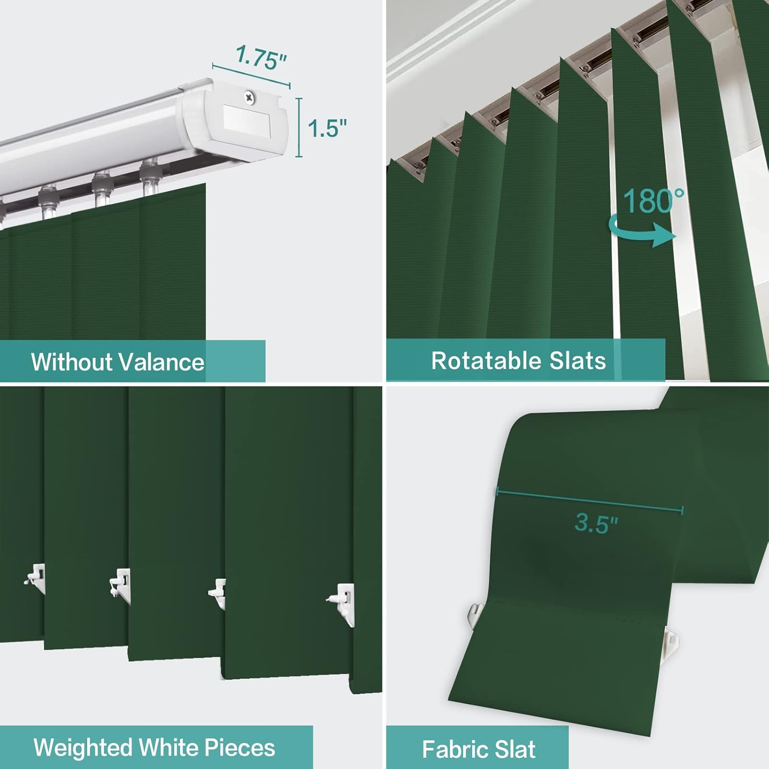 Cordless Blackout Vertical Blinds, Dark Green Custom 3.5 Inches Slat Fabric Window Blinds, Vertical Shades UV Protection Super Large Size to 104" W for Large Windows, Sliding Doors and Patio Doors
