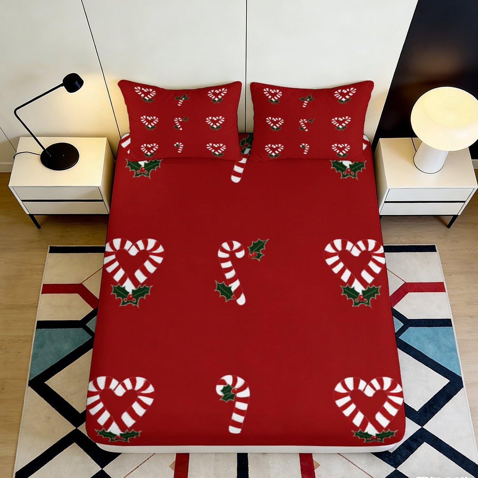 3D Printed Christmas Candy Cane Fitted Sheet Microfiber Soft Breathable Holly Bed Cover for Bedroom Dormitory Guest Room Mattress Protection Decor 90x200x25cm