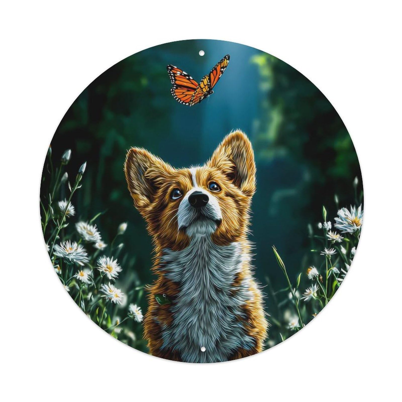 Animal Corgi Puppy Butterfly Daisy Nature Cute Vintage Metal Tin Sign Plaque Wall Decor for Cafe, Club Bar, Office, Garden Metal Poster 8x8Inch