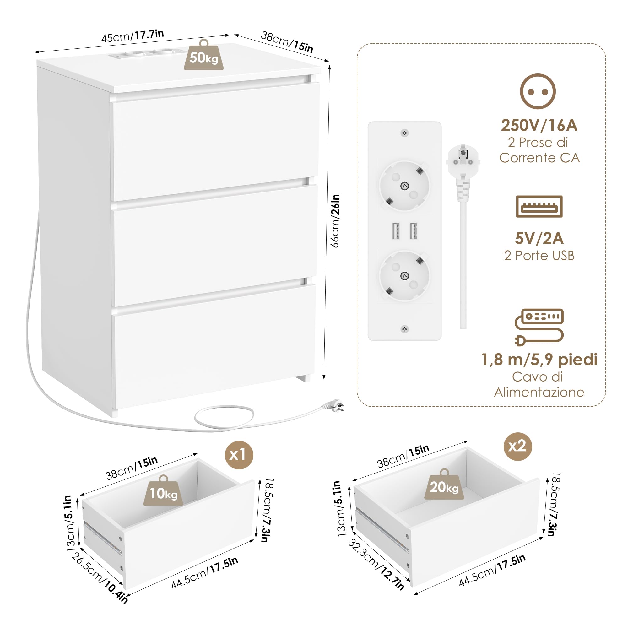FirFurd Comodino con Ciabatta Elettrica, Comodino Camera da Letto con 3 Cassetti, con 2 Prese AC e 2 Porte USB, Cassettiera in Legno, per Soggiorno e Camera da Letto, Moderno, 45x38x66 cm (Bianco)